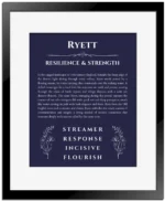 Ryett custom name art showing meaning and origin in navy blue with black matte frame