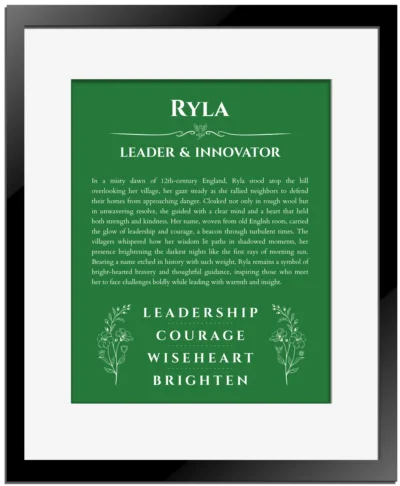 Ryla custom name meaning print in dark green with black matte frame