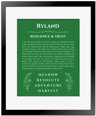Ryland personalized name art with origin story in dark green with black matte frame