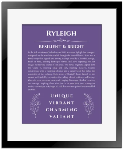 Ryleigh name meaning wall art by Get Your Story in purple with black matte frame