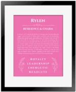 Rylen personalized name art with origin story in pink with black matte frame