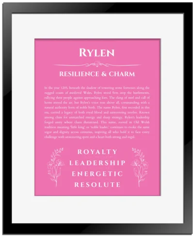 Rylen personalized name art with origin story in pink with black matte frame