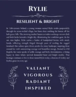 Rylie custom name art showing meaning and origin in navy blue