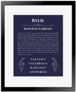 Rylie custom name art showing meaning and origin in navy blue with black matte frame