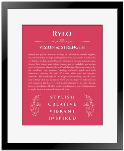 Rylo personalized wall art with the story of your name in red with black matte frame
