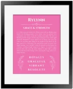 Rylynn custom name meaning print in pink with black matte frame