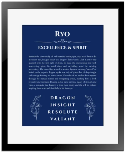 Ryo personalized wall art with the story of your name in deep blue with black matte frame