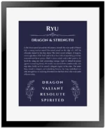 Ryu custom name meaning print in navy blue with black matte frame