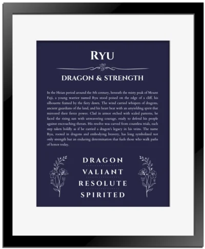 Ryu custom name meaning print in navy blue with black matte frame