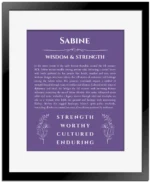 Sabine personalized name meaning print in purple with black matte frame