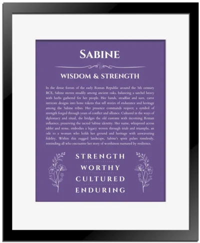 Sabine personalized name meaning print in purple with black matte frame