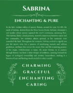 Sabrina name origin print with meaning and traits in dark green