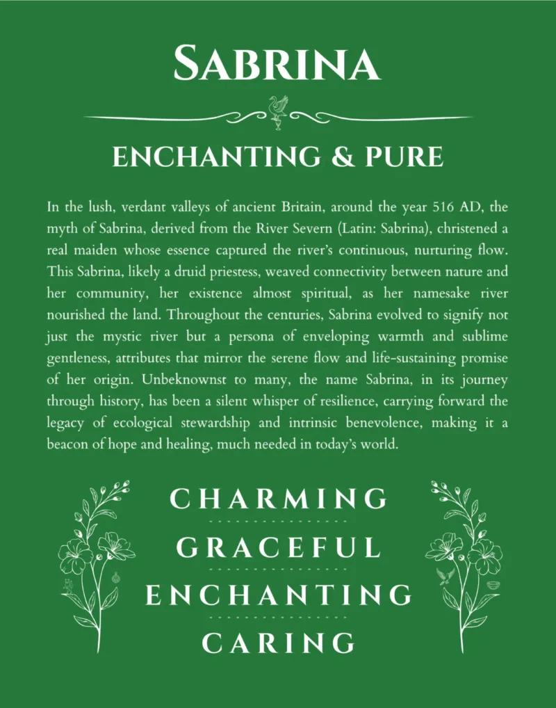 Sabrina name origin print with meaning and traits in dark green