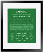Sabrina name origin print with meaning and traits in dark green with black matte frame