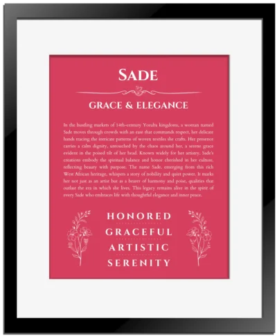 Sade personalized name meaning print in red with black matte frame