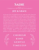 Sadie name origin print with meaning and traits in pink