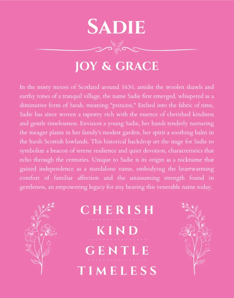 Sadie name origin print with meaning and traits in pink