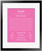 Sadie name origin print with meaning and traits in pink with black matte frame