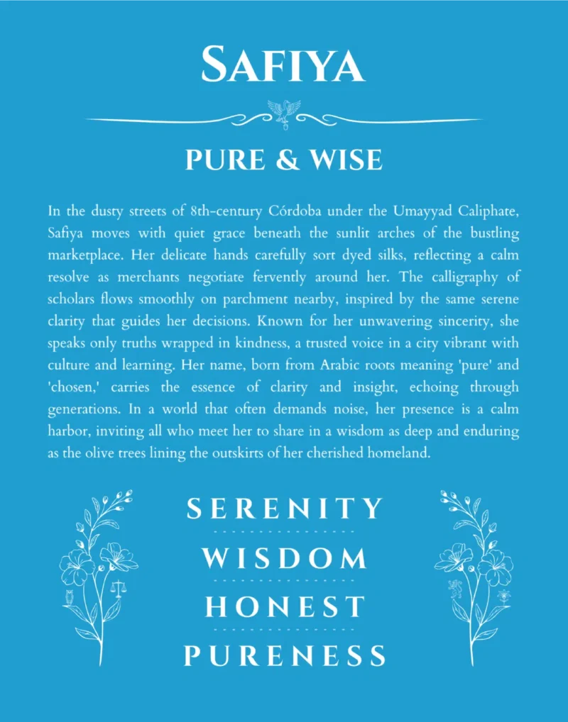 Safiya name origin print with meaning and traits in blue