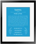 Safiya name origin print with meaning and traits in blue with black matte frame