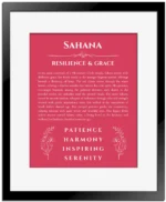 Sahana personalized name art with origin story in red with black matte frame
