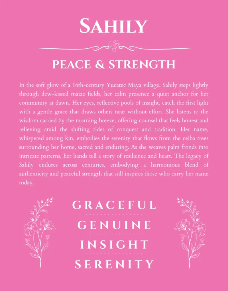Sahily name origin print with meaning and traits in pink