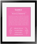 Sahily name origin print with meaning and traits in pink with black matte frame