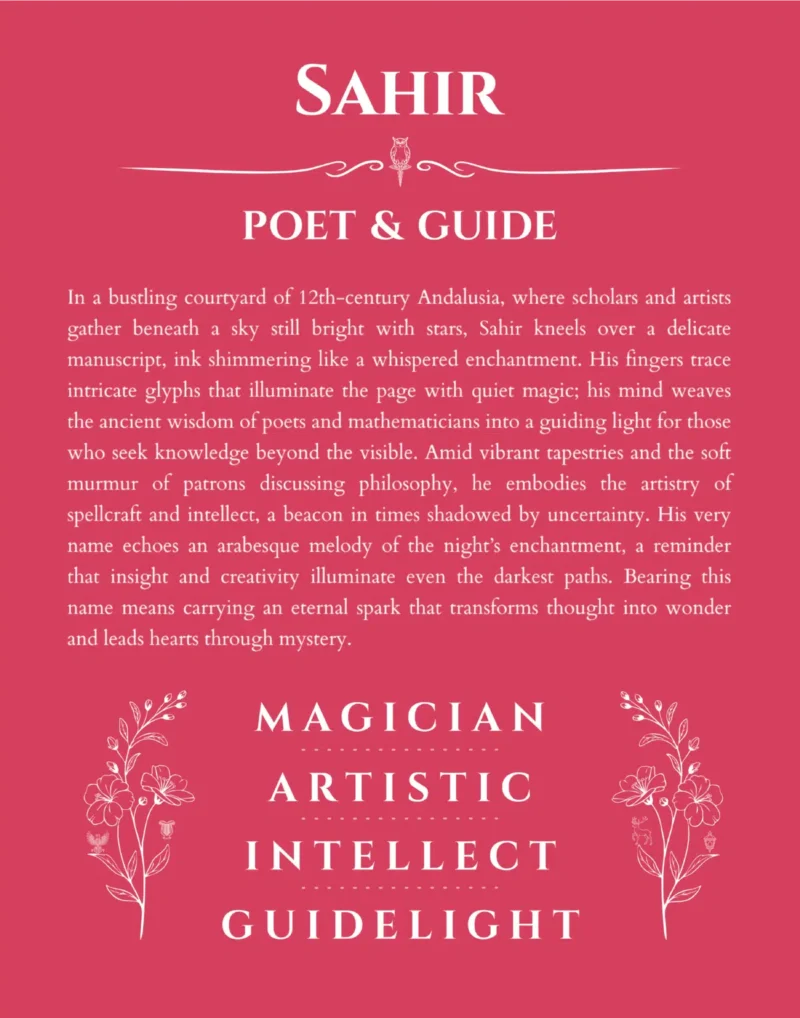 Sahir name origin print with meaning and traits in red