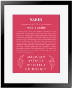 Sahir name origin print with meaning and traits in red with black matte frame