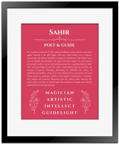 Sahir name origin print with meaning and traits in red with black matte frame