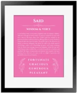 Said personalized wall art with the story of your name in pink with black matte frame