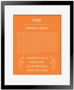 Saif name meaning gift print in orange with black matte frame