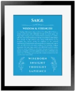 Saige name meaning wall art by Get Your Story in blue with black matte frame