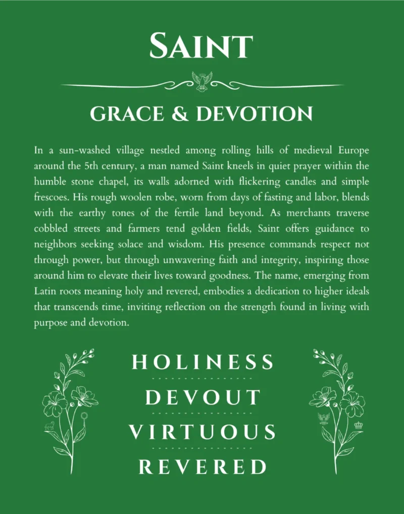 Saint custom name art showing meaning and origin in dark green