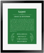 Saint custom name art showing meaning and origin in dark green with black matte frame