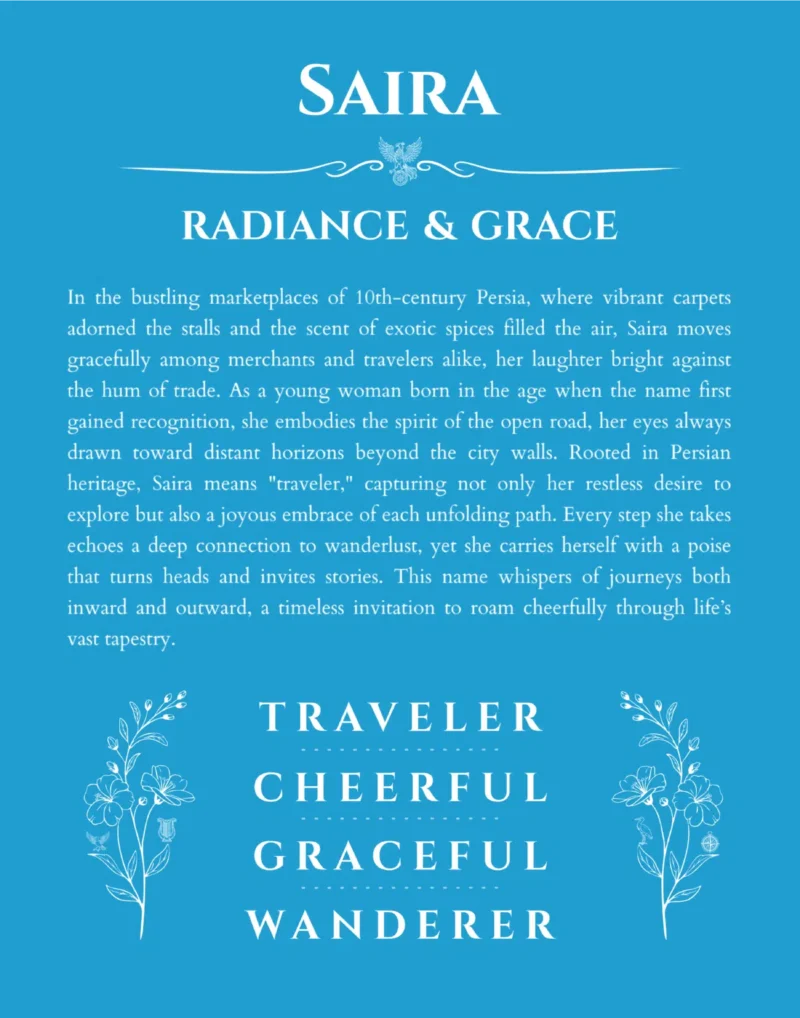Saira custom name art showing meaning and origin in blue