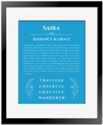 Saira custom name art showing meaning and origin in blue with black matte frame