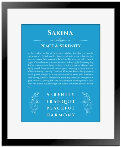 Sakina name meaning wall art by Get Your Story in blue with black matte frame