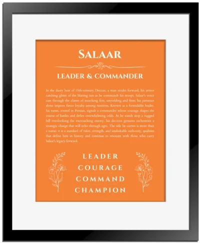 Salaar name meaning wall art by Get Your Story in orange with black matte frame