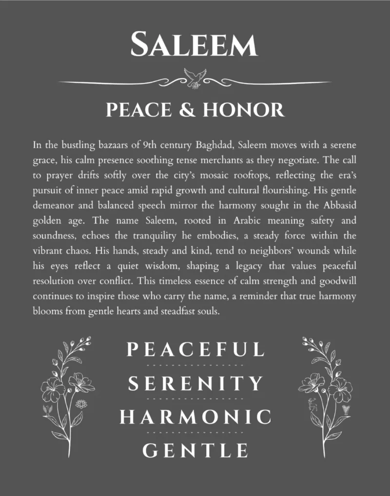 Saleem name origin print with meaning and traits in gray
