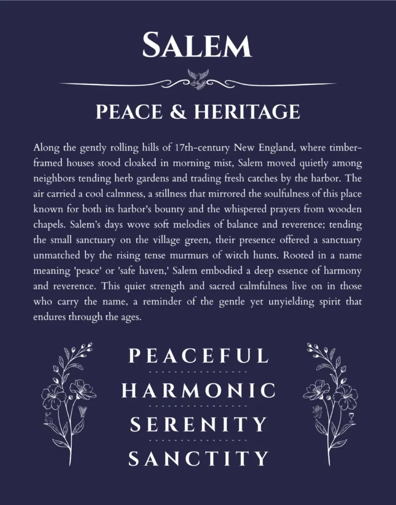 Salem name origin print with meaning and traits in navy blue