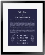 Salem name origin print with meaning and traits in navy blue with black matte frame