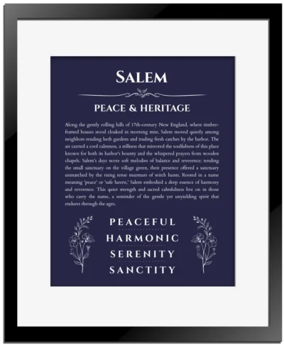 Salem name origin print with meaning and traits in navy blue with black matte frame