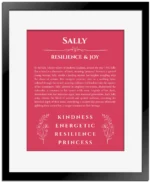 Sally name meaning gift print in red with black matte frame