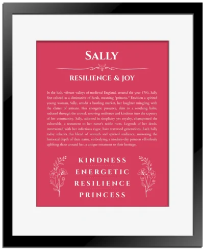 Sally name meaning gift print in red with black matte frame