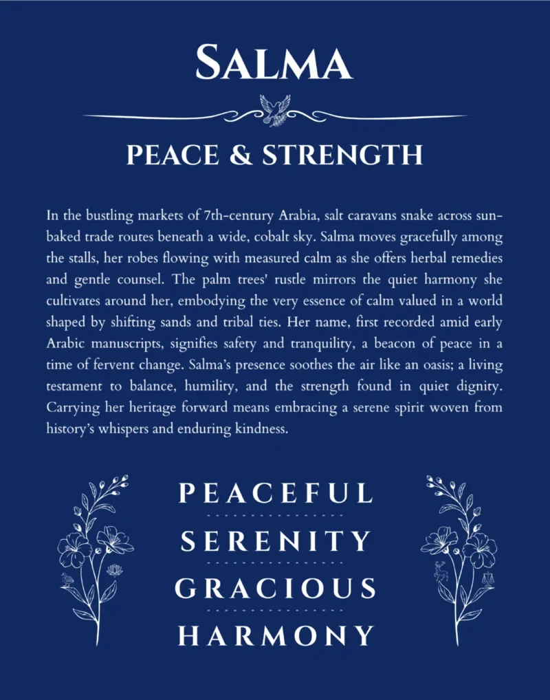 Salma personalized name print with origin and traits in deep blue