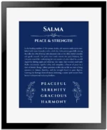 Salma personalized name print with origin and traits in deep blue with black matte frame