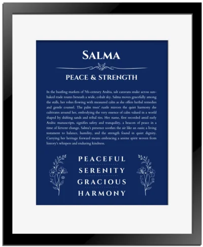 Salma personalized name print with origin and traits in deep blue with black matte frame
