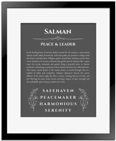 Salman personalized name print with origin and traits in gray with black matte frame