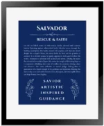 Salvador personalized name meaning print in deep blue with black matte frame